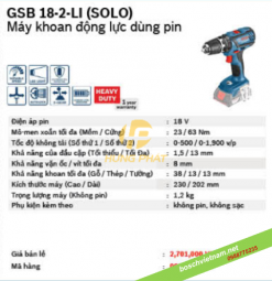 Máy khoan pin, vặn vít GSB 18-2-LI Plus (SOLO)